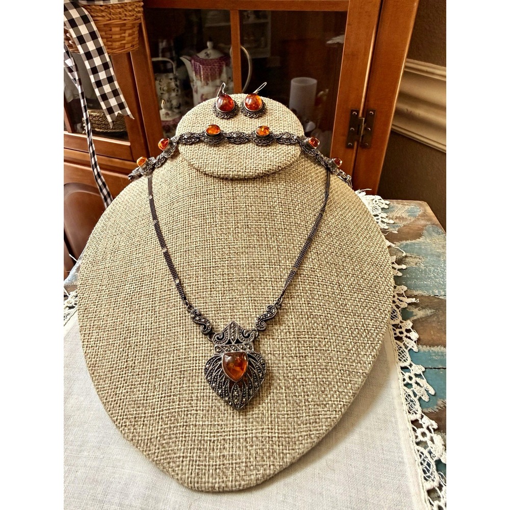 Vtg 925 Sterling Silver Amber Marcasite Jewelry Set Necklace Bracelet Earrings
